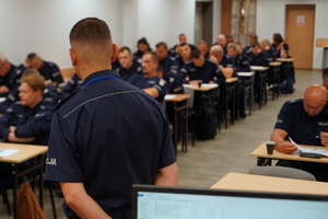 policjanci rozwiązują test siedząc przy ławkach. Obserwują ich funkcjonariusze pełniący rolę organizatorów zawodów