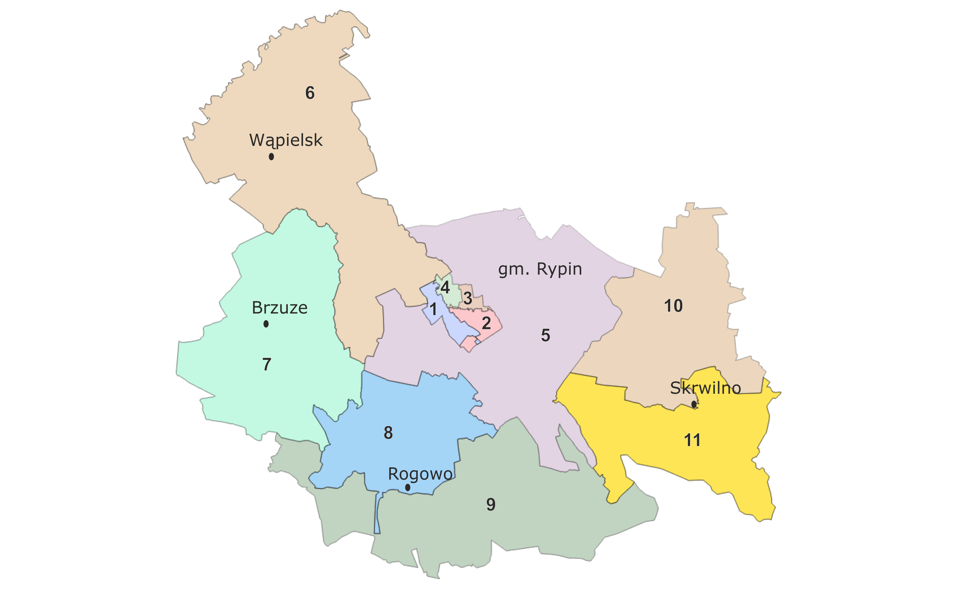 Mapa powiatu rypińskiego z numerami rejonów służbowych dzielnicowych