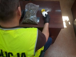 policjant robi oględziny zabezpieczonych narkotyków, w reku trzyma woreczek foliowy z suszem, obok lezy worek foliowy z białym proszkiem
