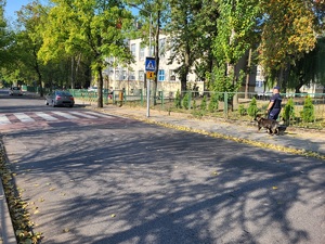 policjant z psem słuzbowym patroluje ulice przy szkole