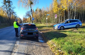 policjant stoi na drodze przy kontrolowanych pojeżdzie