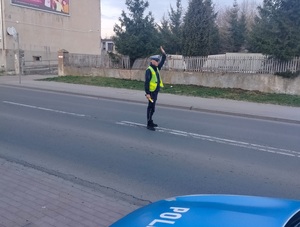 policjant stoi na drodze z podniesiona rękę zatrzymując pojazd