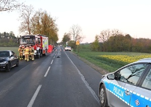 zdjecie drogi w miejscu wypadki, na której stoją pojazdy, radiowóz oraz pojazd strazy pożarnej