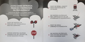 ulotka przedstawiająca zasady bezpieczeństwa o treści: -nigdy nie wjeżdżaj na przejazd, gdy sygnalizacja miga na czerwono
-zawsze zatrzymuj się przed znakiem STOP, aby upewnić się, że nie nadjeżdża pociąg
-nigdy nie próbuj „zdążyć” przed nadjeżdżającym pociągiem
-nie wjeżdżaj na przejazd przy zamykających się lub otwierających rogatkach
-nigdy nie omijaj zamkniętych półrogatek
-nie wjeżdżaj na przejazd, kiedy nie masz możliwości kontynuowania jazdy