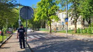 policjant stoi przy przejściu dla pieszych i sprawdza oznakowanie