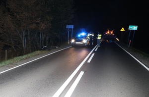 zdjecie miejsca wypadku, gdzie na drodze widać radiowóz, policjantów, ciagnik oraz leżacy w rowie motocykl